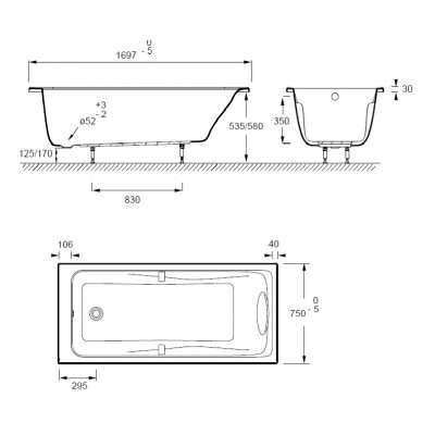 JACOB DELAFON ODEON UP E60491RU-00 ванна прямоугольная, акрил, 170 см x 75 см, белая