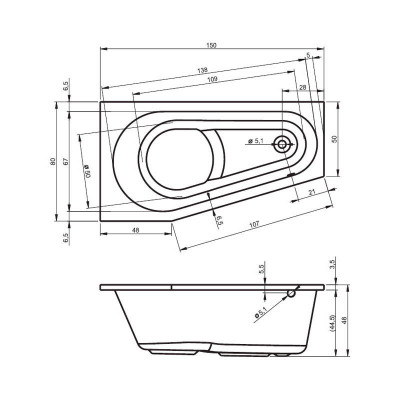 RIHO DELTA LEFT BB81 ванна без гидромассажа, 150 см х 80 см