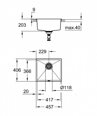 Мойка GROHE K700U с одной чашей, 457 x 406 мм, черный гранит (31653AP0)