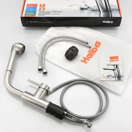 Смеситель для кухни Haiba HB70304-2 с выдвижной лейкой (нерж сталь)