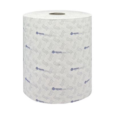 Бумажные полотенца в рулонах 2-слойные белые, с синим тиснение "ТОП ПРИНТ АВТОМАТИК МАКСИ" (6х200м.) MERIDA BP4404