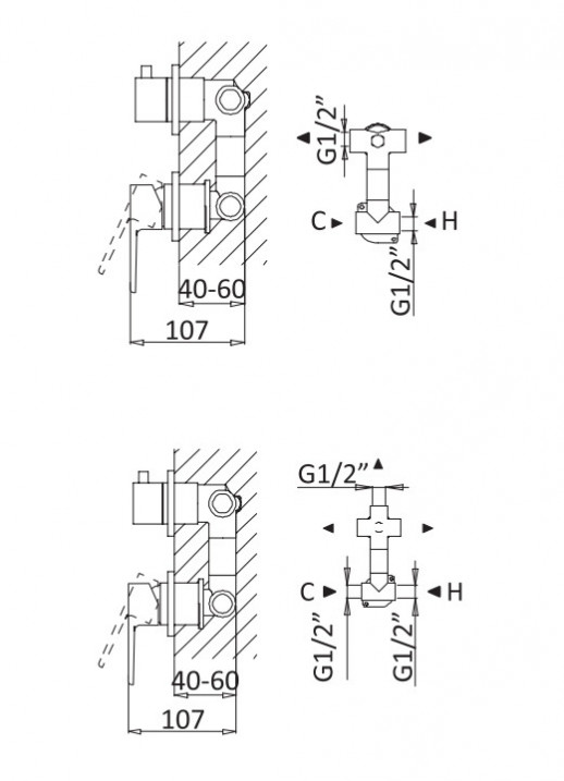 Встраиваемый однорычажный смеситель для душа с поворотным переключателем на 2 выхода CEZARES NAUTIC-VDIM2-M-01