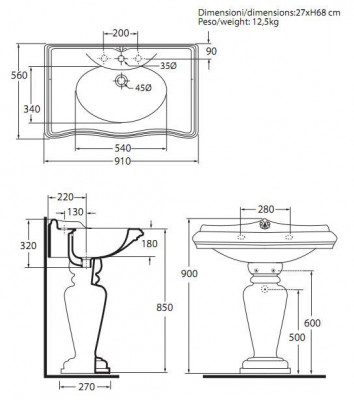 Azzurra Jubilaeum JUB200/90M bi*1 раковина со спинкой, 91 см х 56 см, с 1 отв под смеситель