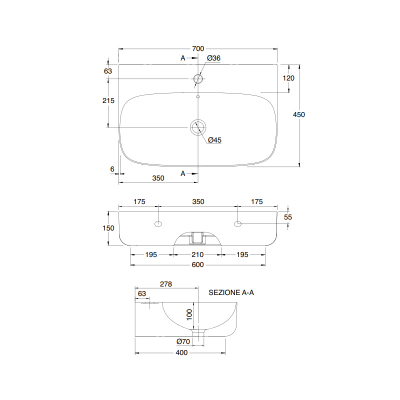 Раковина накладная или подвесная Scarabeo Moon 5508 70 см х 45 см, белый глянец
