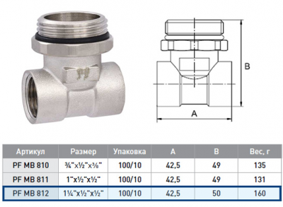 Тройник для ВО и дренаж.крана 1.1/4-1/2-1/2 гшг ProFactor PF mb812