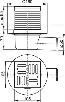Трап Alcaplast APV32 сливной 105x105/50, подводка – боковая, решетка – нержавеющая сталь, комбинированный гидрозатвор SMART