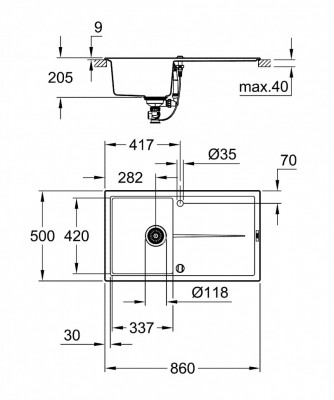 Мойка GROHE K400, 860 x 500 мм, черный гранит (31640AP0)