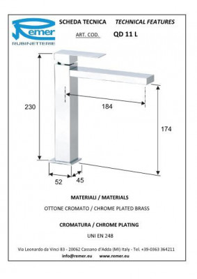Remer Q DESIGN QD 11 L смеситель для раковины, хром