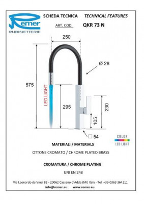 Remer KITCHEN QKR 73 N смеситель кухонный с вытяжной лейкой и динамической подсветкой, хром