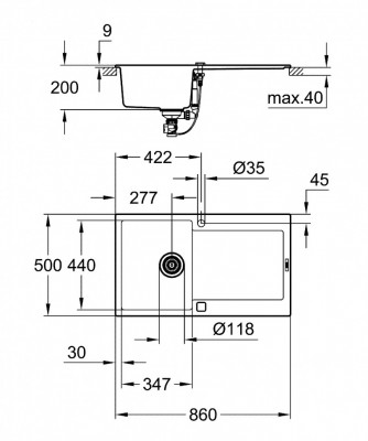 Мойка GROHE K500 с одной чашей, 860 x 500 мм, серый гранит (31644AT0)