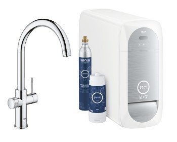 Смеситель для кухни GROHE Blue Home с функциями фильтрации, охлаждения и газирования водопроводной воды (фильтр в комплекте), хром (31455000)