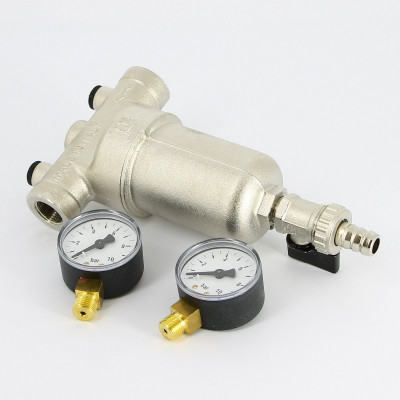 Фильтр промывной Uni-Fitt ВВ 1/2" со сливным шаровым краном и 2 манометрами, 300 мкм, никелированный (216N2030)