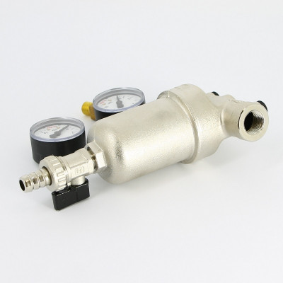 Фильтр промывной Uni-Fitt ВВ 1/2" со сливным шаровым краном и 2 манометрами, 300 мкм, никелированный (216N2030)