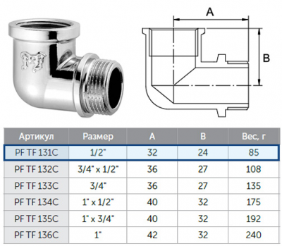 Уголок 1/2" гш ProFactor PF tf131c, хром