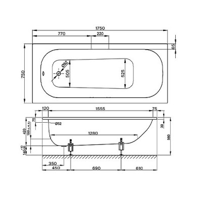 Ванна стальная Bette Form 175x75 2949-000 AD с шумоизоляцией прямоугольная
