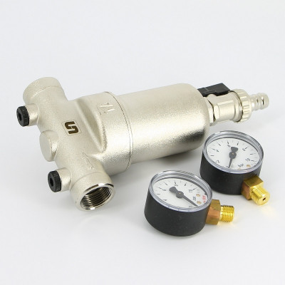 Фильтр промывной Uni-Fitt ВВ 3/4" со сливным шаровым краном и 2 манометрами, 300 мкм, никелированный (216N3030)