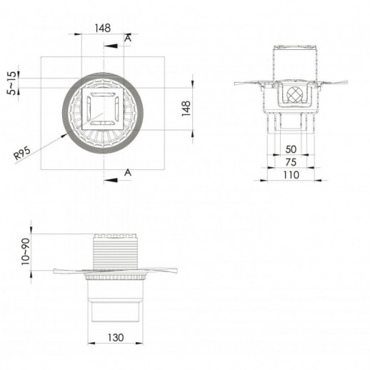 Трап BERGES водосток ZENTRUM Norma 150х150, матовый хром, выпуск D50/75/110 H74 вертикальный