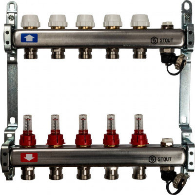 Коллектор из нержавеющей стали с расходомерами, с клапаном вып. воздуха и сливом 5 вых STOUT (SMS-0927-000005)