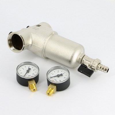 Фильтр промывной Uni-Fitt ВВ 1" со сливным шаровым краном и 2 манометрами, 300 мкм, никелированный (216N4030)