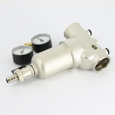 Фильтр промывной Uni-Fitt ВВ 1" со сливным шаровым краном и 2 манометрами, 300 мкм, никелированный (216N4030)