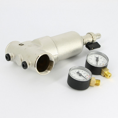 Фильтр промывной Uni-Fitt ВВ 1" со сливным шаровым краном и 2 манометрами, 300 мкм, никелированный (216N4030)