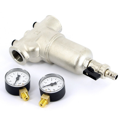 Фильтр промывной Uni-Fitt ВВ 1 1/4" со сливным шаровым краном и 2 манометрами, 300 мкм, никелированный (216N5030)