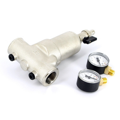 Фильтр промывной Uni-Fitt ВВ 1 1/4" со сливным шаровым краном и 2 манометрами, 300 мкм, никелированный (216N5030)