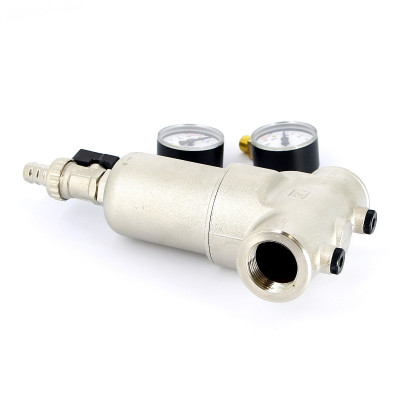 Фильтр промывной Uni-Fitt ВВ 1 1/4" со сливным шаровым краном и 2 манометрами, 300 мкм, никелированный (216N5030)