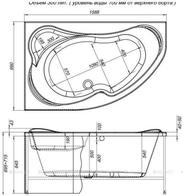 Акриловая ванна Aquanet Capri 160x100 L пристенная асимметричная (00203911)