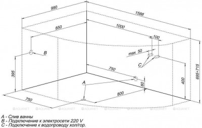Акриловая ванна Aquanet Capri 160x100 L пристенная асимметричная (00203911)