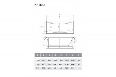 Ванна акриловая Relisan KRISTINA Гл000025600 170x90 прямоугольная 230 л