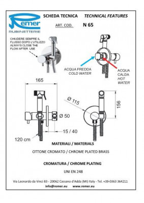 Remer MINIMAL N 65 комплект гигиенический со смесителем встраиваемый, хром