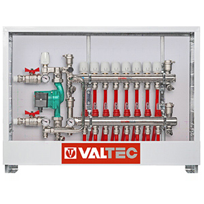 Комплект теплых полов VALTEC с насосно-смесительным узлом и шкафом ШРВ на 5 контуров до 100м2 с трубой PEX 500м (KTP05)