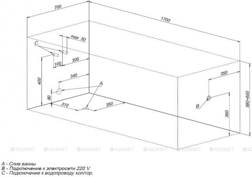 Акриловая ванна Aquanet Roma 170x70 пристенная прямоугольная (00204028)