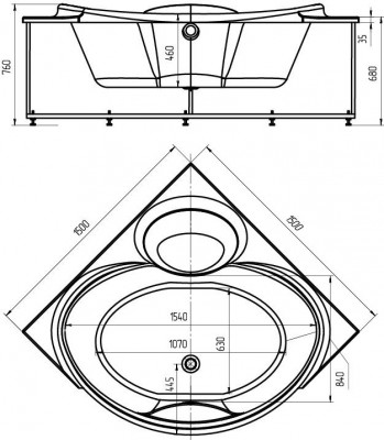 Акриловая ванна Aquatek Эпсилон четверть круга 150х150 (без гидромассажа) EPS150-0000066