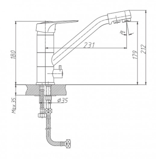 Смеситель для кухни Haiba HB4304 с подключением к фильтру поворотным изливом и аэратором (латунь) хром