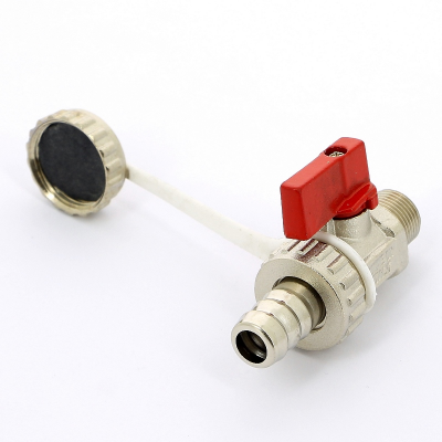 Кран шаровой сливной UNI-FITT НН 3/8" x 3/4" со штуцером и заглушкой, флажок красный металл, никелированный (126N1000)