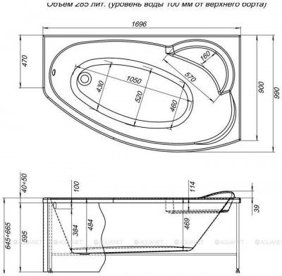 Акриловая ванна Aquanet Jersey 170x90 R пристенная асимметричная (00203989)