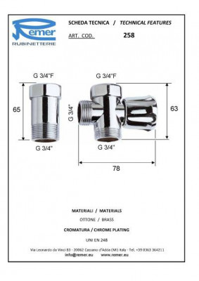 Кран 3-х проходной Remer RR 258 для стиральной машины, хром