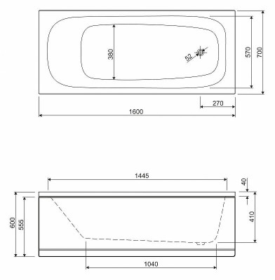 Акриловая ванна Cezares Eco 160х70 ECO-160-70-41-W37 без гидромассажа пристенная