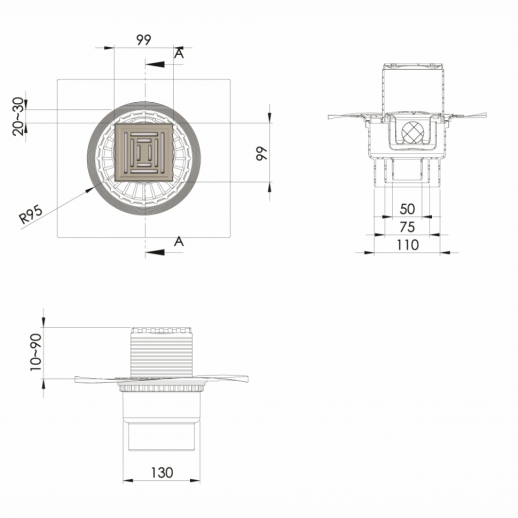 Трап BERGES водосток ZENTRUM Uno 100х100, матовый хром, выпуск D50/75/110 H74 вертикальный