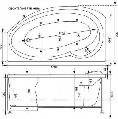 Акриловая ванна Aquanet Jersey 170x90 L пристенная асимметричная (00203988)