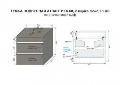 Тумба под раковину для ванной Style Line Атлантика 60 Люкс Plus подвесная со столешницей бетон темный (СС-00002279)