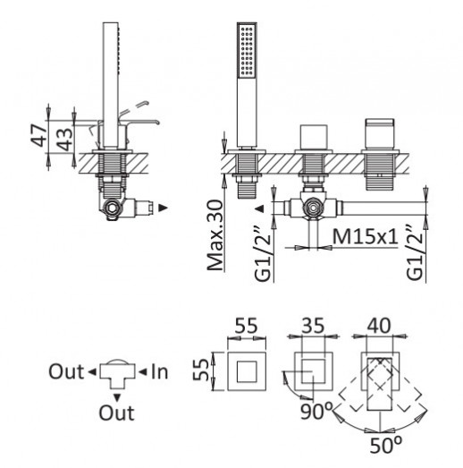 Смеситель на борт ванны с выдвижным душем и переключателем CEZARES PORTA-BVDM3-BIO