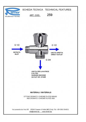 Кран 3-х проходной Remer RR 259 для стиральной машины, хром