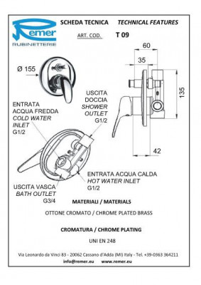 Смеситель для ванны с душем Remer TEN RR T 09 выстраиваемый, хром
