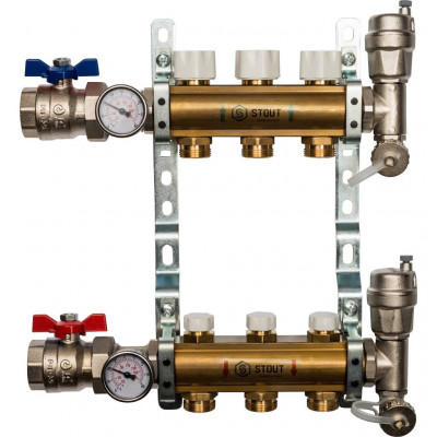Распределительный коллектор из латуни без расходомеров 3 вых STOUT (SMB 0468 000003)