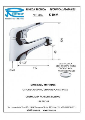 Кран Remer RR K 10 M (моно) для умывальника, хром