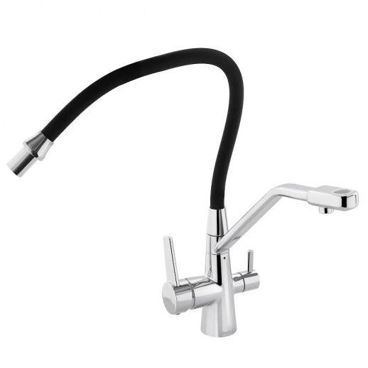 Смеситель для кухни Haiba HB76855 с подключением к фильтру поворотным изливом и аэратором (латунь) хром, черный