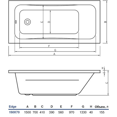 Акриловая ванна Koller Pool Edge 150x70 прямоугольная